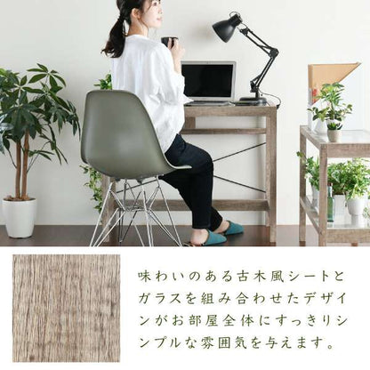 グリーンインテリアデスク幅90ガラス古材古木インテリア奥行45グリーン観葉植物シャビー植物棚ラックおしゃれ木製机pcリビング