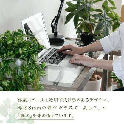 グリーンインテリアデスク幅90ガラス古材古木インテリア奥行45グリーン観葉植物シャビー植物棚ラックおしゃれ木製机pcリビング