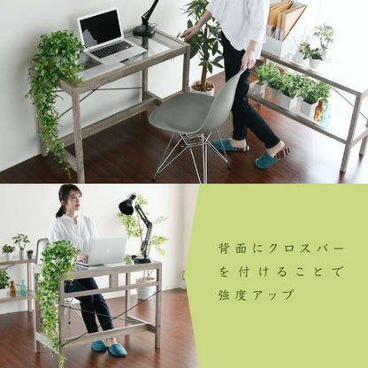グリーンインテリアデスク幅90ガラス古材古木インテリア奥行45グリーン観葉植物シャビー植物棚ラックおしゃれ木製机pcリビング