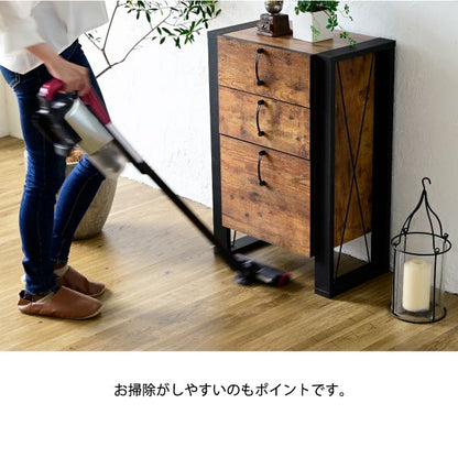 チェスト木製3段インダストリアル脚脚付きブルックリンひとり暮らしリビングボードブラウン引き出しA4リビングタンスコンパクトロータイプ