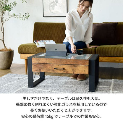 ローテーブルガラス引き出し収納木製天板一人暮らしスリム小さめヴィンテージ長方形コンパクト座卓高級ソファ幅75頑丈木目おしゃれリビングデスクソファーウッド丈夫ガラス天板軽量一人用