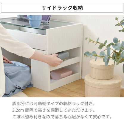 ガラスデスク幅60奥行35.5高さ39.5ガラス天板ガラステーブル引き出しロータイプローデスクローテーブルドレッサー兼デスク本棚付き