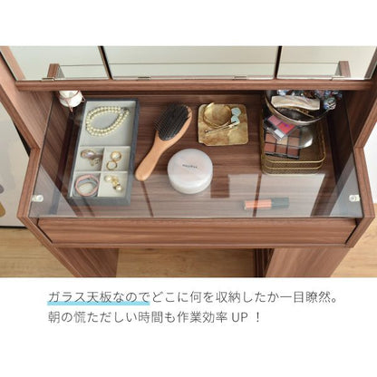 コンパクトドレッサー三面鏡収納付き化粧台幅60奥行35高さ129コンセント木製ガラス天板可動棚メイク収納ガラスドレッサーアクセサリー収納