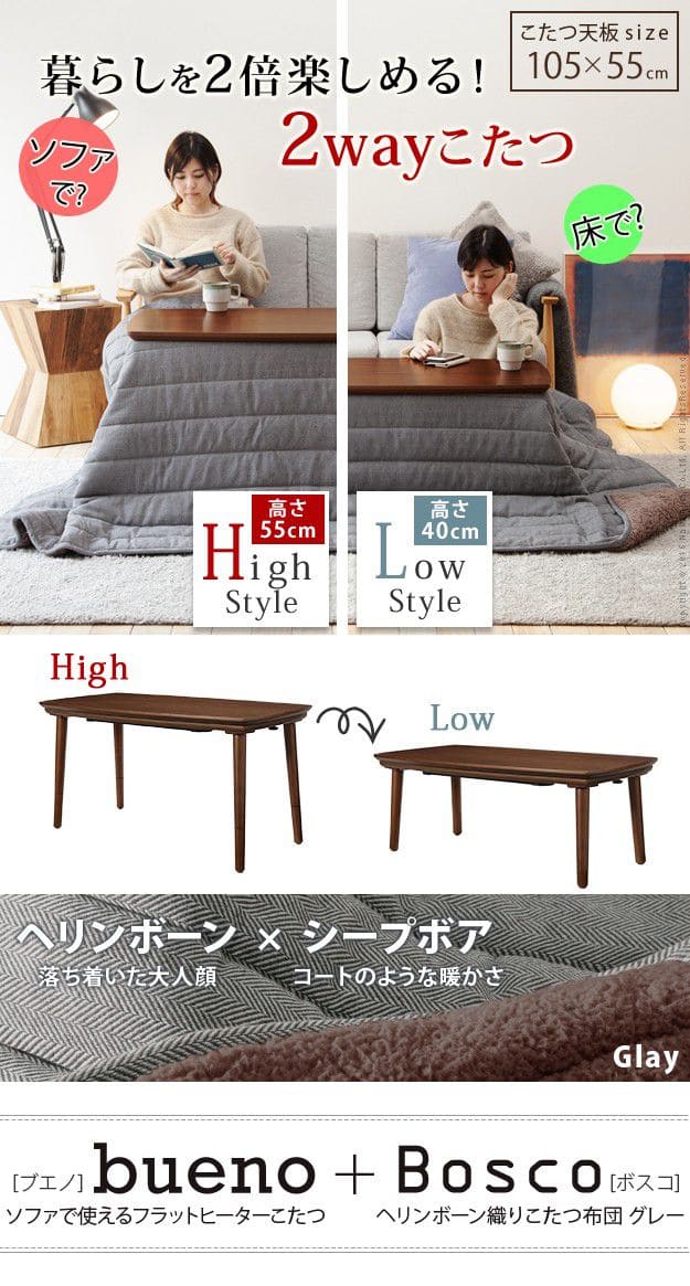 ソファで使えるフラットヒーターこたつ-ブエノ105x55cmヘリンボーン織り掛布団2点セット