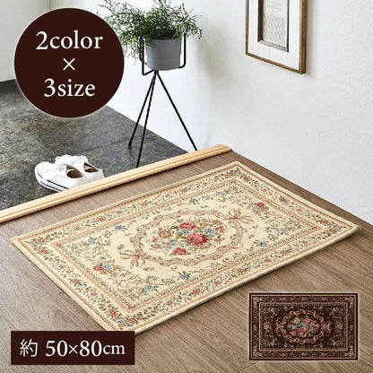 玄関マット高級感洗える50×80室内花柄バラ柄長方形滑り止め屋内5080クラシックおしゃれ風水北欧ラグ玄関花ゴージャスかわいい
