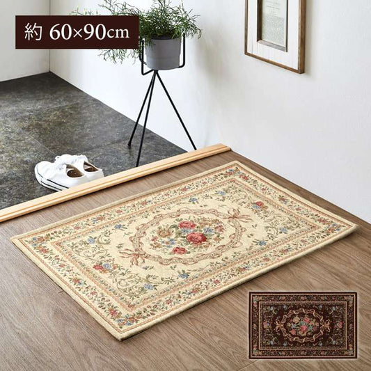 玄関マット高級感洗える室内花柄バラ柄長方形60×90滑り止め屋内6090クラシックおしゃれ風水北欧ラグ玄関花ゴージャスかわいい