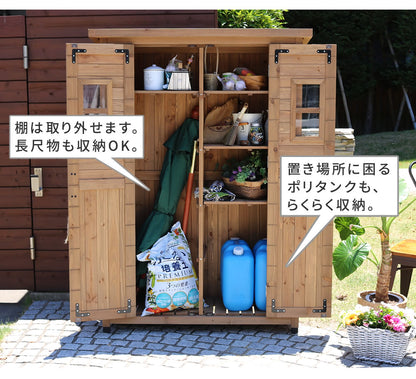 天然木製カントリー小屋薄型【送料無料物置倉庫収納庫天然木木製庭物入れおしゃれ大型北欧ナチュラルガーデニングキャンプスポーツ屋外家具ライトブラウンダークブラウン木製収納庫diy物置小屋キット棚木目調】
