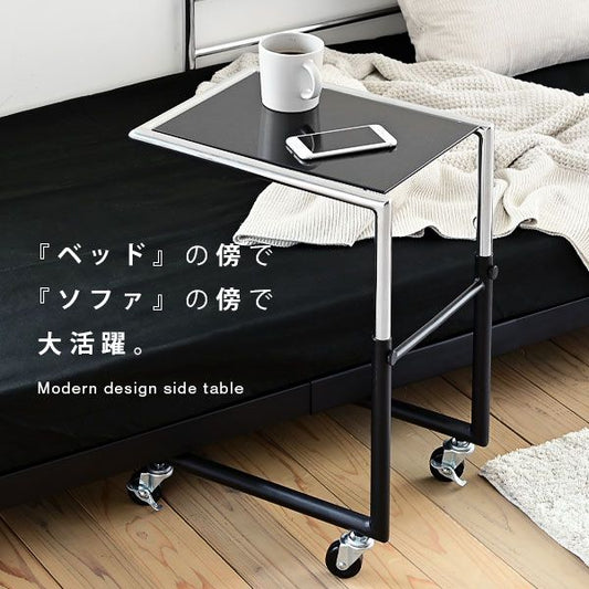 ベッドサイドテーブルスリムサイドテーブルキャスター付きベッド横テーブルガラスコの字ブラックソファサイドテーブルベッド脇高さ調整
