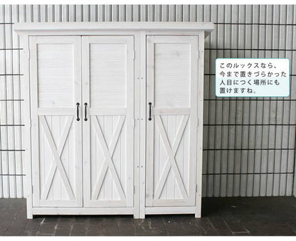 木製大型収納庫（三つ扉）【送料無料物置倉庫収納庫天然木木製庭物入れおしゃれ大型北欧ナチュラルガーデニングキャンプスポーツ屋外家具ライトブラウンホワイト】