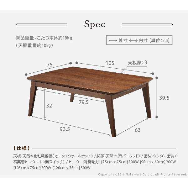 北欧デザインスクエアこたつ〔イーズ〕単品105x75cm