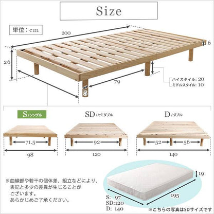 3段階高さ調節国産総檜脚付きすのこベッド【Pierna-ピエルナ-】(ポケットコイルロールマットレス付き)シングル