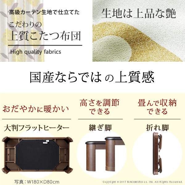 大判サイズ継脚付きフラットヒーターこたつ〔フラットリラ〕150x80cm+国産北欧柄こたつ布団2点セット