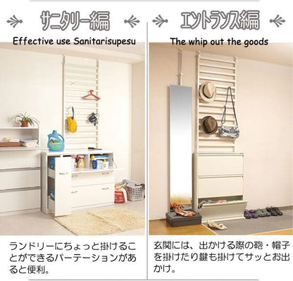 ラックつっぱりスリム棚収納日本製薄型伸縮スチール突っ張り式幅60アイアン賃貸壁面玄関ディスプレイハンガーフックおしゃれ突っ張りラックラダーラック一人暮らし頑丈丈夫リビング突っ張り棒洋服