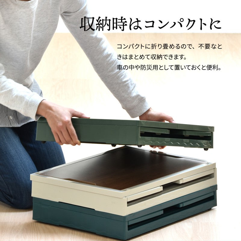 天板付き折りたたみBOXキャスター付き39LW470×D350×H240mm折りたたみコンテナ折りたたみフォールディングコンテナー木目天板テーブル木製天板持ち運び