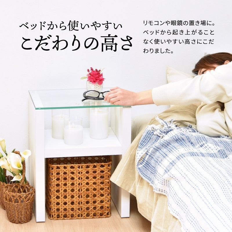 H型ガラスナイトテーブルW380×D260×H485mm強化ガラスガラスサイドテーブルソファサイドテーブルベッドサイドテーブルガラステーブルガラス製ベッドサイド