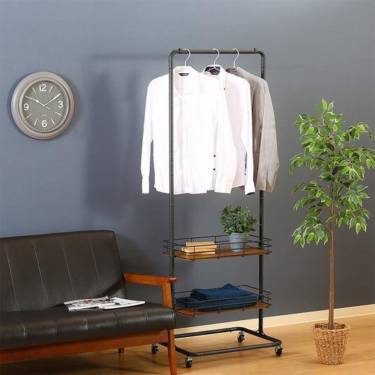 ハンガーラック頑丈スリムキャスターパイプハンガー省スペースコートハンガー2段幅60棚付きキャスター付きコート掛けシンプルおしゃれ洋服掛けアイアン北欧ハンガーラック洋服収納大容量軽量ヴィンテージ60cm幅シングル薄型高い子供服