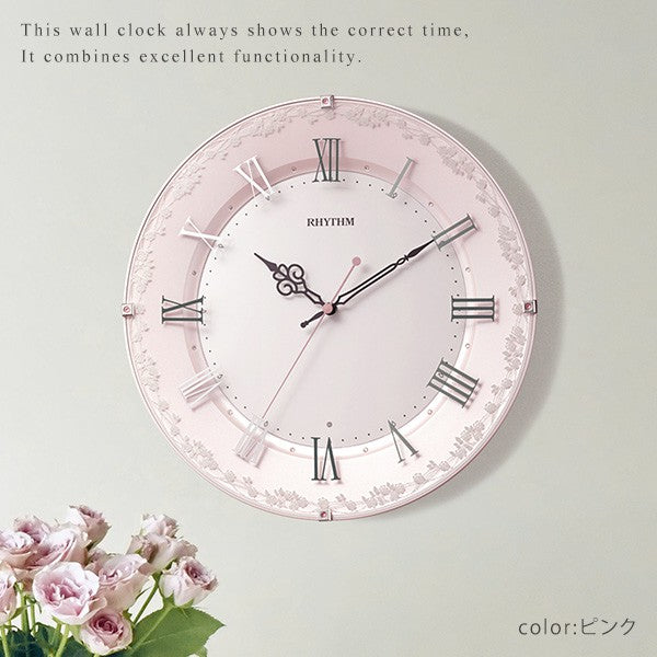 リズム掛け時計クリスタル付留め飾り電波時計バラ模様時計シンプルおしゃれオシャレホワイトピンクバラ模様かわいいクリスタル壁掛け電波一人暮らし子ども女の子リビング会議室便利インテリア静か