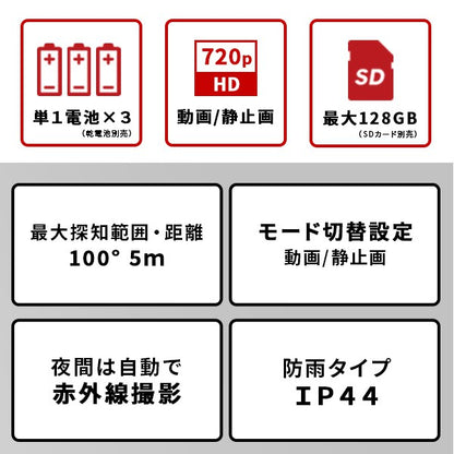 乾電池式センサーカメラ盗難防止ワイヤーセットカメラ防犯カメラセンサーカメラ動画静止画防水防塵夜間どこでも設置マグネット取り付けモード切り替え高性能使いやすい盗難防止ワイヤーセットゴリラポッド