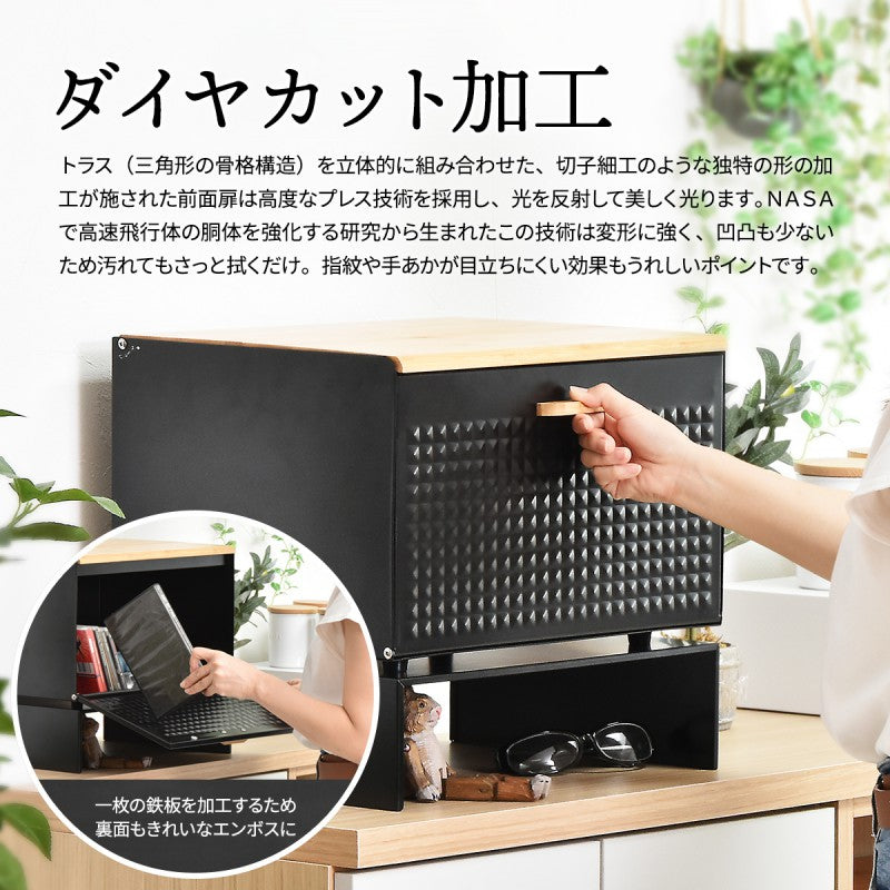 中棚付きブレッドケースW400×D330×H260mm中板サイズ：W390×D300×H106mm中棚付き大型ブレッドケーススチール棚付きストッカーレンジ置きレンジラックパンケースキッチン収納トースター台トースター置き上開き前開き両開き
