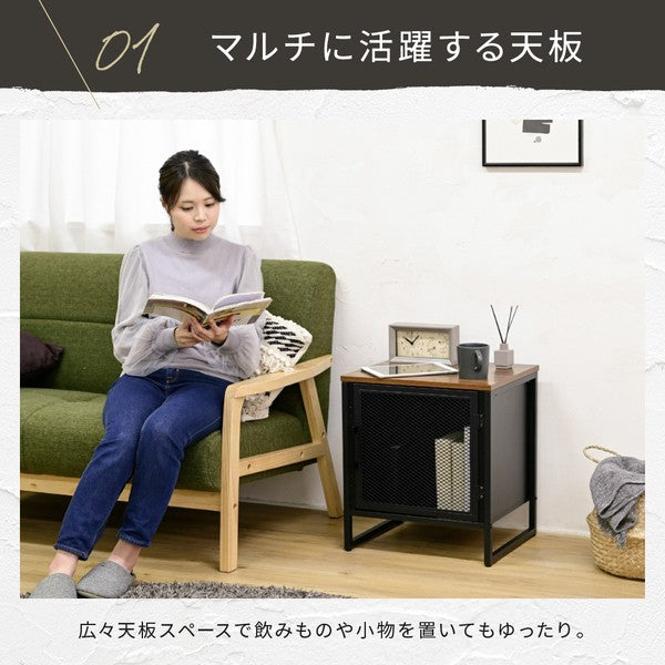 サイドテーブル収納付きサイドラック収納棚扉付き幅45コの字黒アイアンベッドサイドディスプレイラックマガジンラックベッド横鉄鉄製