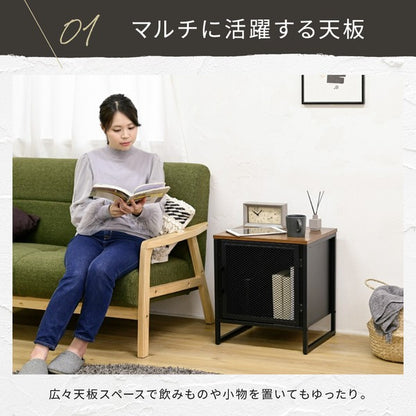 サイドテーブル収納付きサイドラック収納棚扉付き幅45コの字黒アイアンベッドサイドディスプレイラックマガジンラックベッド横鉄鉄製