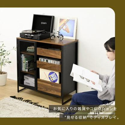 キャビネット扉付きリビングボードハイタイプサイドボード幅80収納棚チェストスチール鉄鉄製リビング収納引き出し高級感ブラック黒