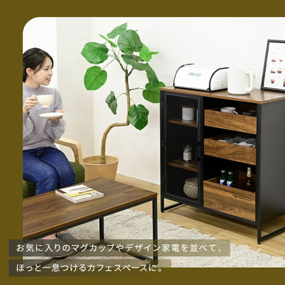 キャビネット扉付きリビングボードハイタイプサイドボード幅80収納棚チェストスチール鉄鉄製リビング収納引き出し高級感ブラック黒