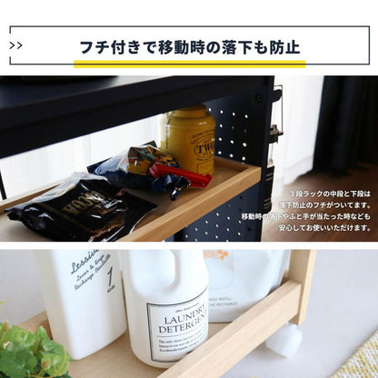 ラック棚ワゴン木製キャスター収納スリム3段移動幅55薄型ロータイプ天然木北欧低いキッチンリビング小さめ奥行20コンパクトおしゃれロー低め小型天板付き引っ掛けフックウッドボード隙間